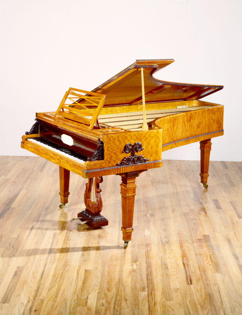 Erard Grand Piano, Straight strung, satinwood with rosewood carving ornaments
