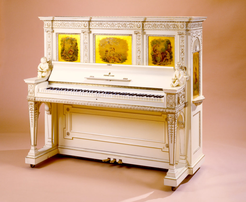 Steinway & Sons Upright Grand Piano in gilded and painted eggshell finish, artwork by Arthur Blackmore